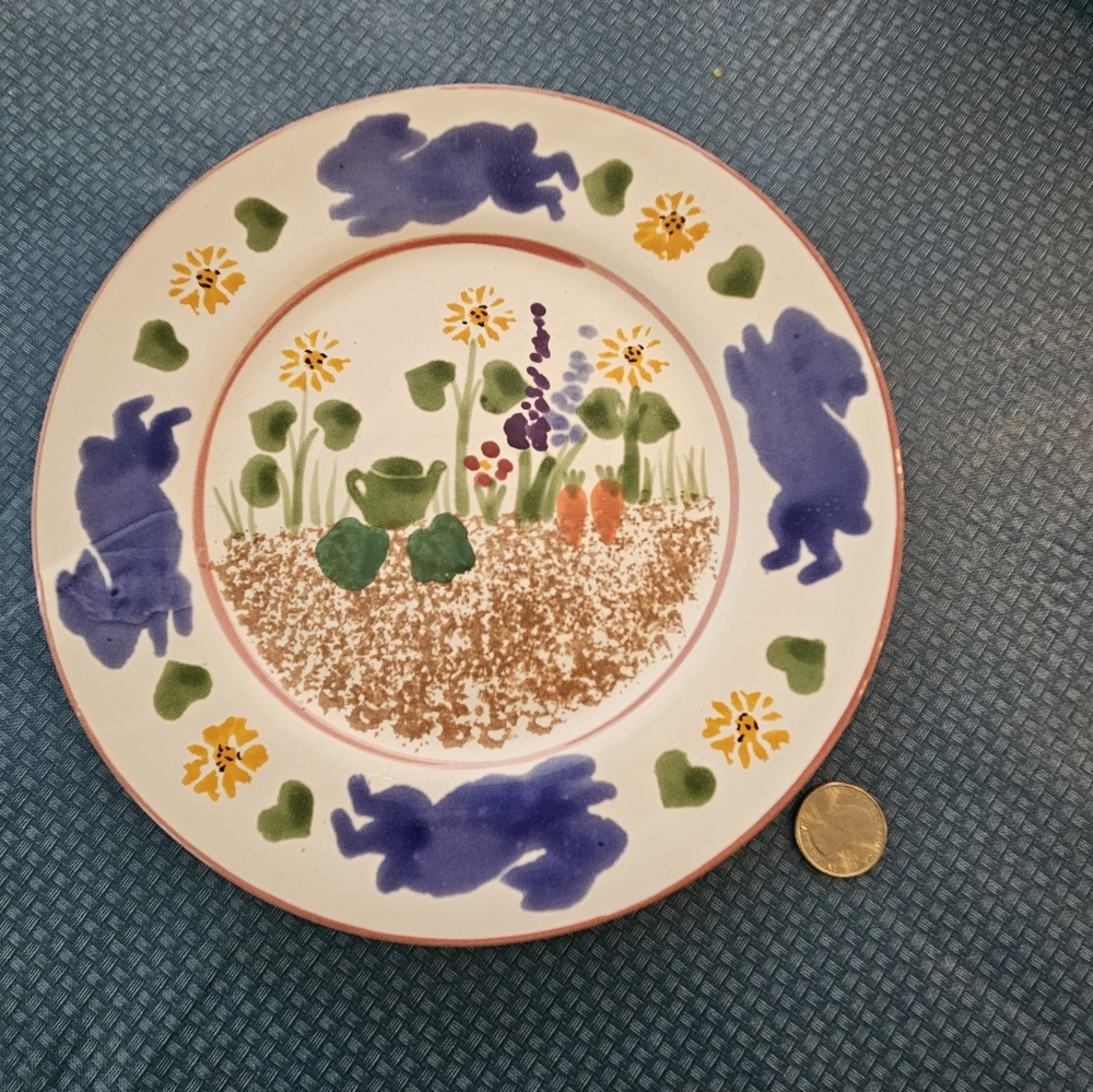 Signed, hand painted ceramic plate with rabbits & garden image